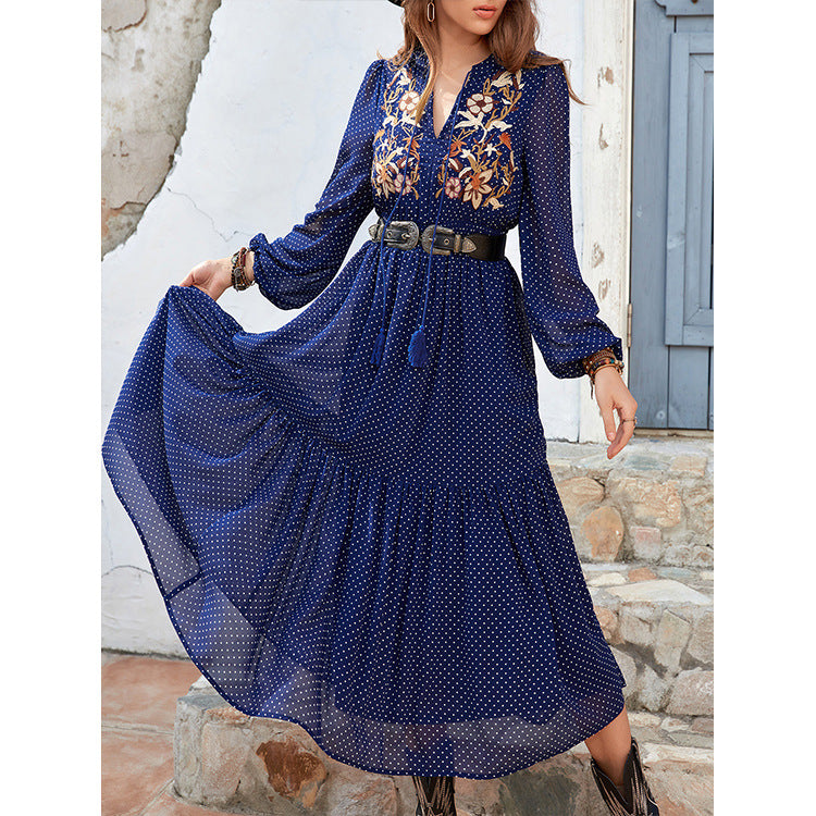 New Spring And Autumn Chiffon Long Sleeve Embroidery Black High Waist Polka Dot Long Dress