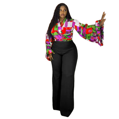 Floral Print Bell Sleeve Top And Wide-Leg Pants Set