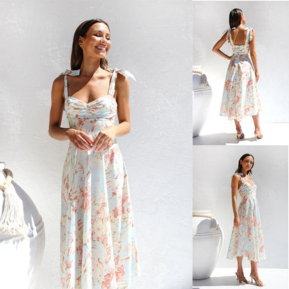 New Slim Fit Slim Waist V-Neck Strap Print Mid Length Dress For Women