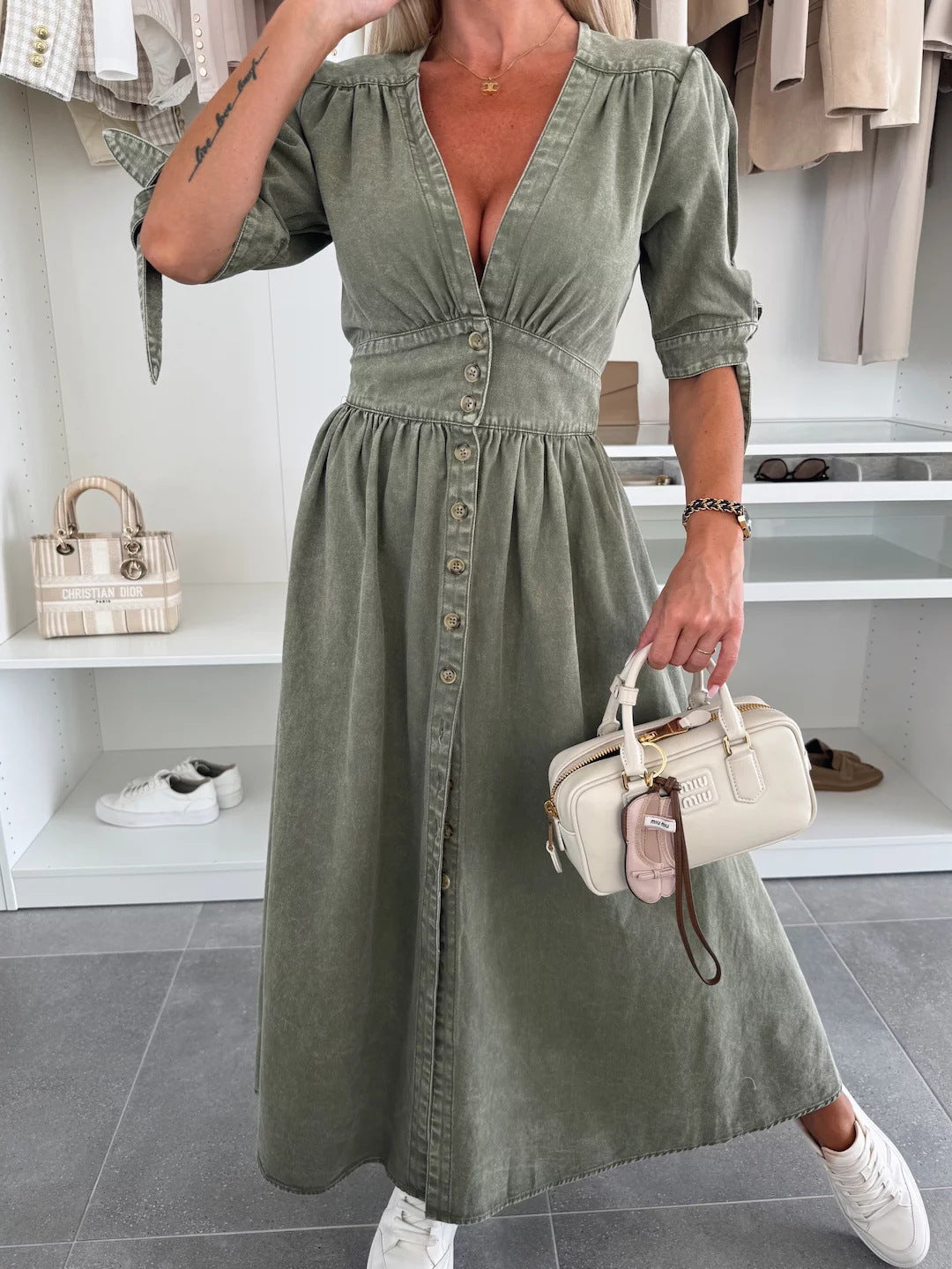 V-Neck Button Up Denim Maxi Dress Stylish Casual
