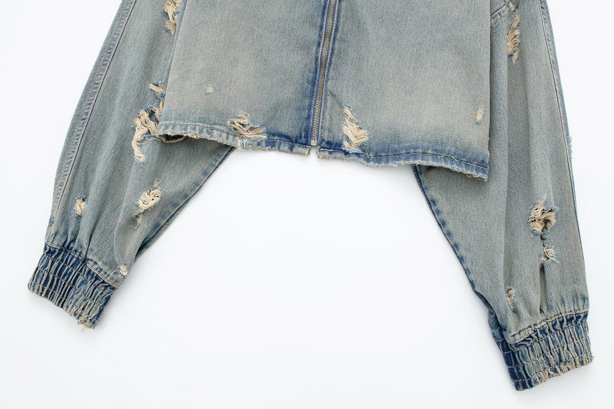 Simple Ripped Zip Up Cropped Jacket