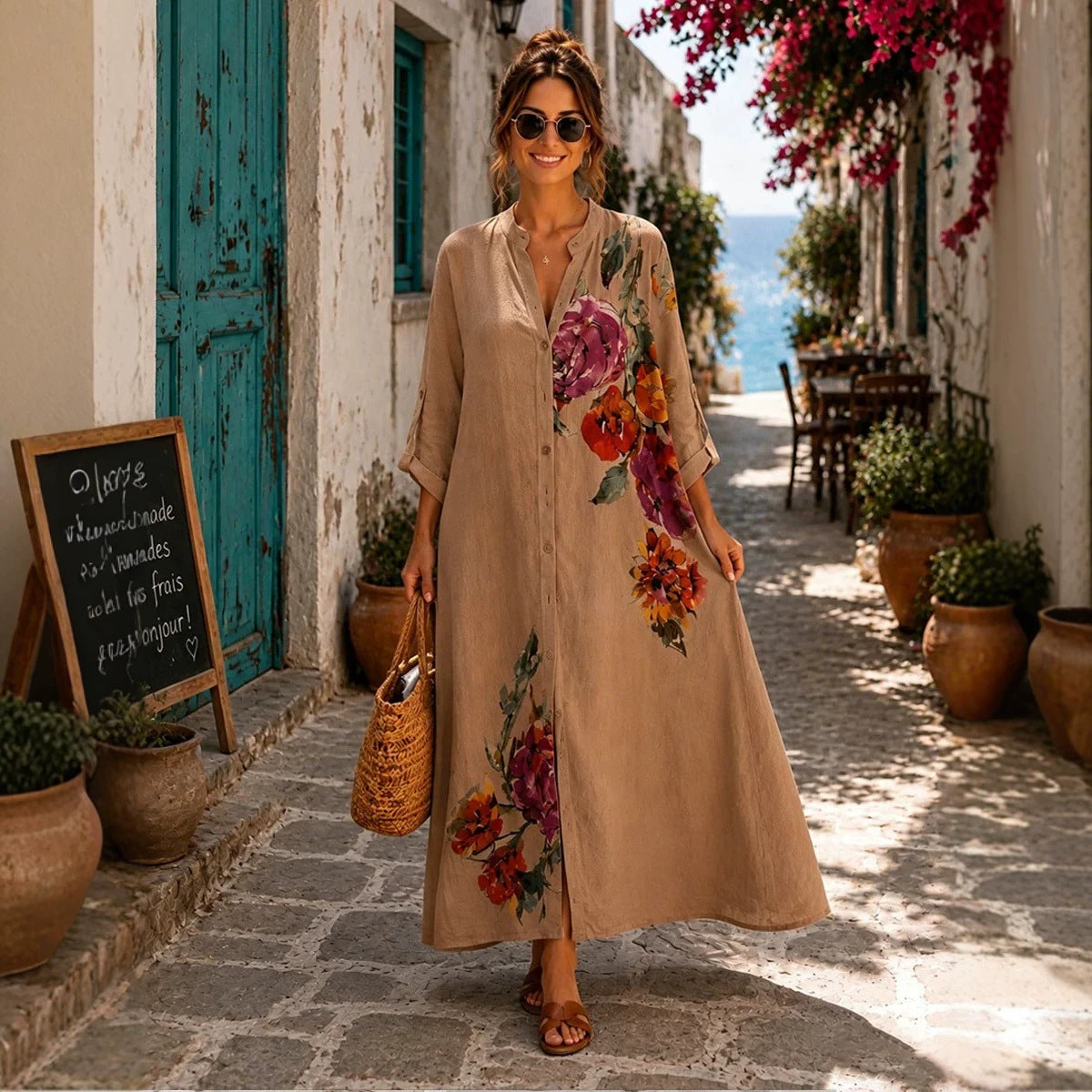 Floral Print Linen Button Down Maxi Dress