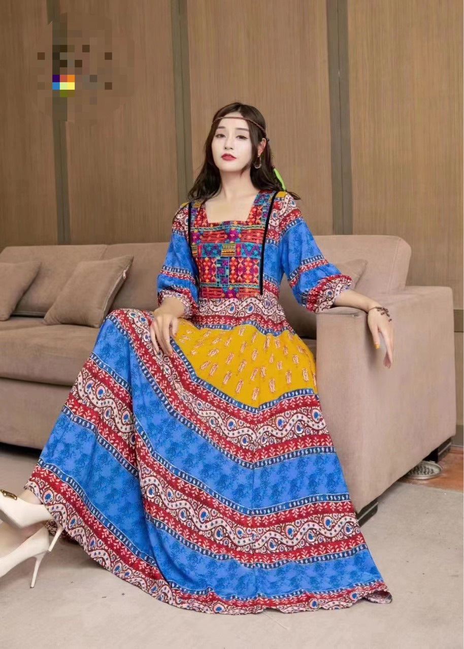 Bohemian Ethnic Style Big Swing Embroidery Dress Women'S Long Dress