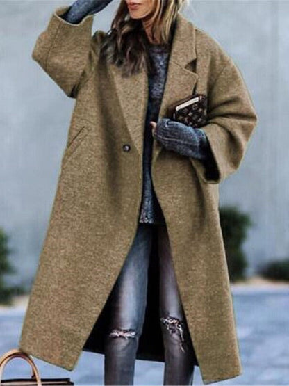 Classic Long Solid Color Wool Blend Coat For Women