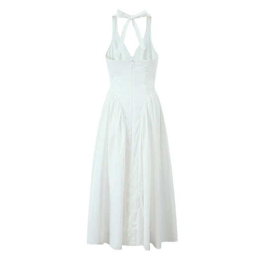 Solid Color Halter V-Neck Ruffle Maxi Dress