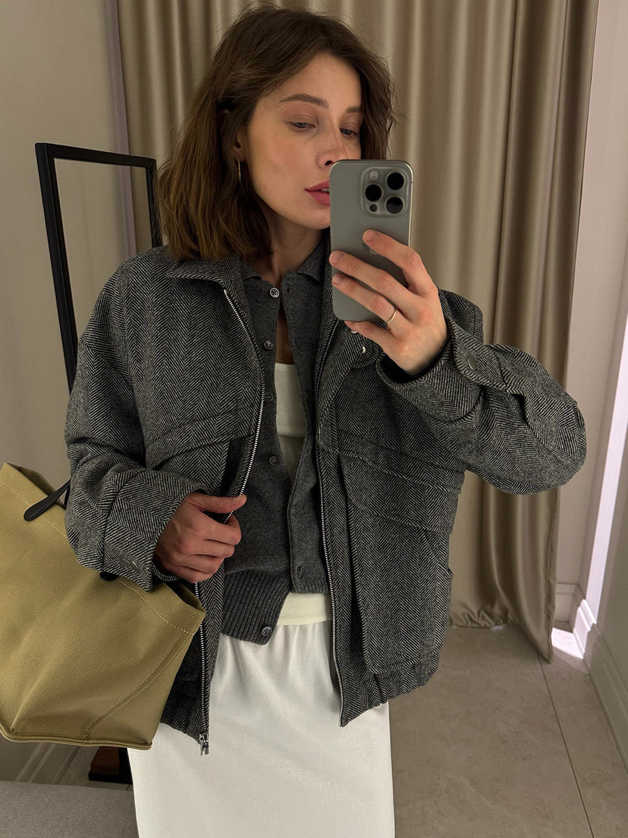 Trendy Houndstooth Zip-Up Jacket
