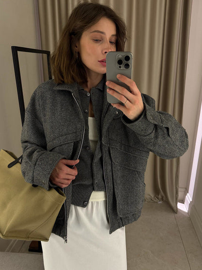 Trendy Houndstooth Zip-Up Jacket