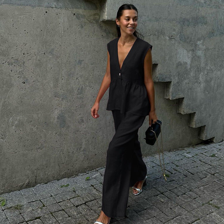 Cotton V-Neck Sleeveless Top and Long Pants Set for Women