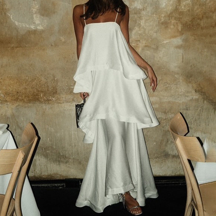 French Style Sleeveless Satin Midi Dress with Relaxed Fit