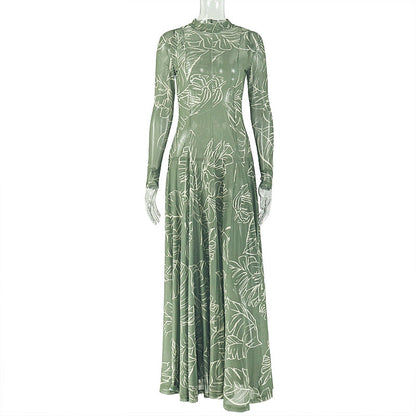 Retro Floral A-Line Dress With High Neck Long Sleeves