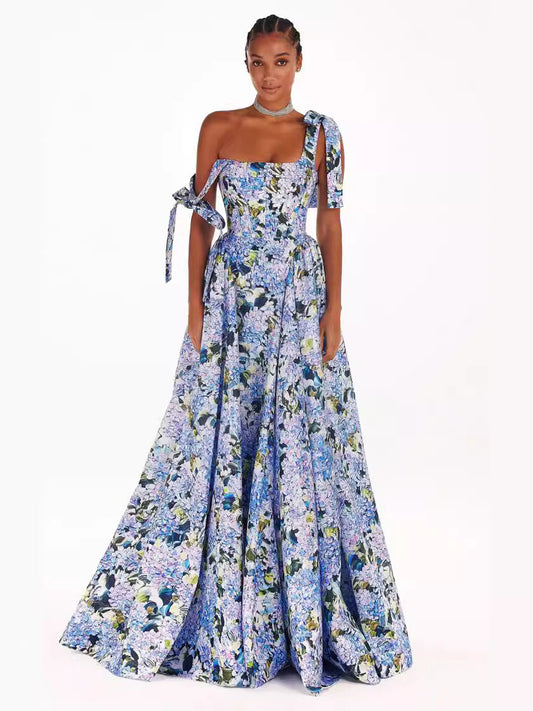 Off-Shoulder 3D Pattern Long Dress with Princess Sleeves