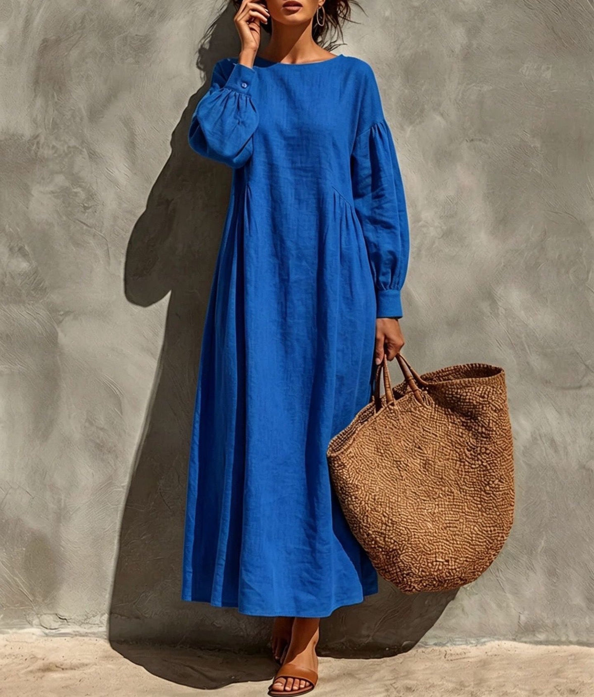Linen Round Neck Balloon Sleeve Side Gather Midi Tent Dress