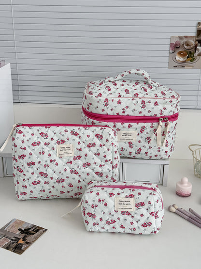 Floral Corduroy Makeup Bag Stylish Portable Toiletry Pouch
