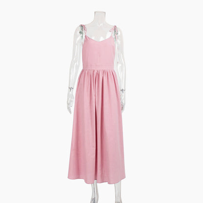 Cotton V-Neck Backless Dress Elegant Casual Maxi Dress