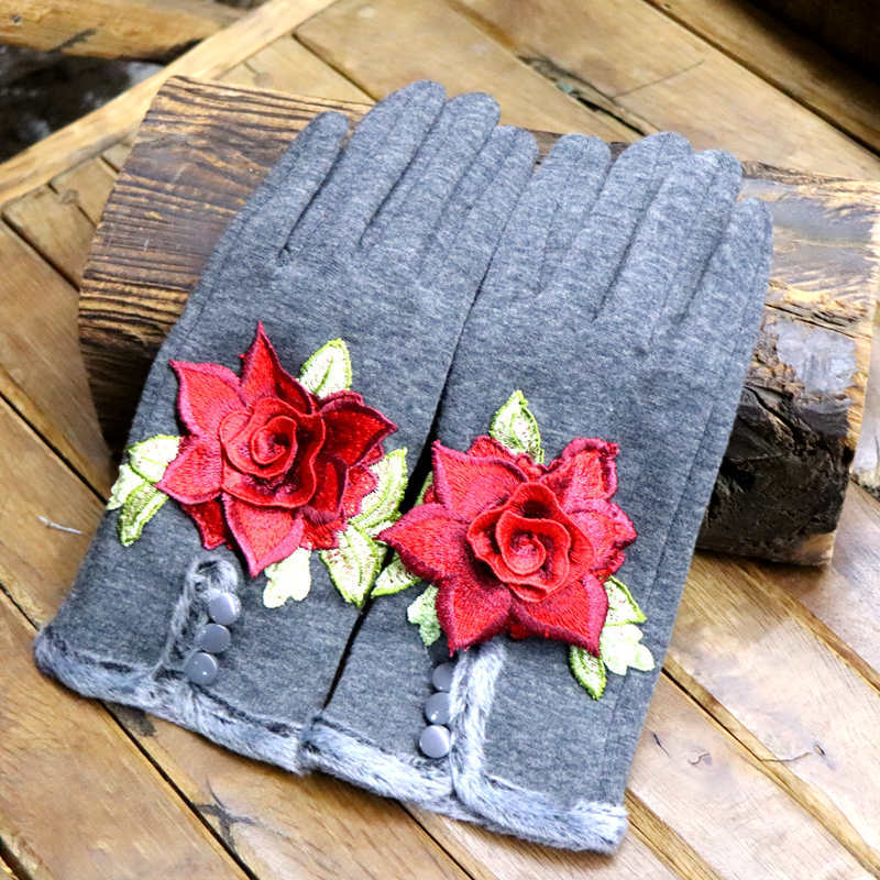 Ethnic Embroidery And Velvet Warm Embroidery Gloves Refer To Touch-Screen Gloves And Velvet Cycling Five-Finger Gloves