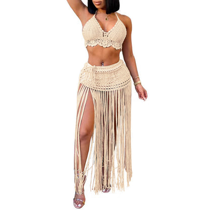 Women鈥檚 Crochet Beach Bikini Top With Fringe Skirt Two-Piece Set