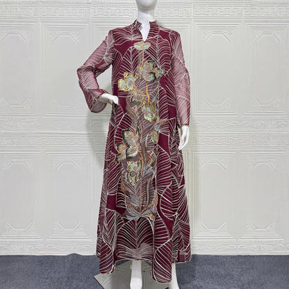 Embroidered Mesh Maxi Dress Elegant Muslim Abaya