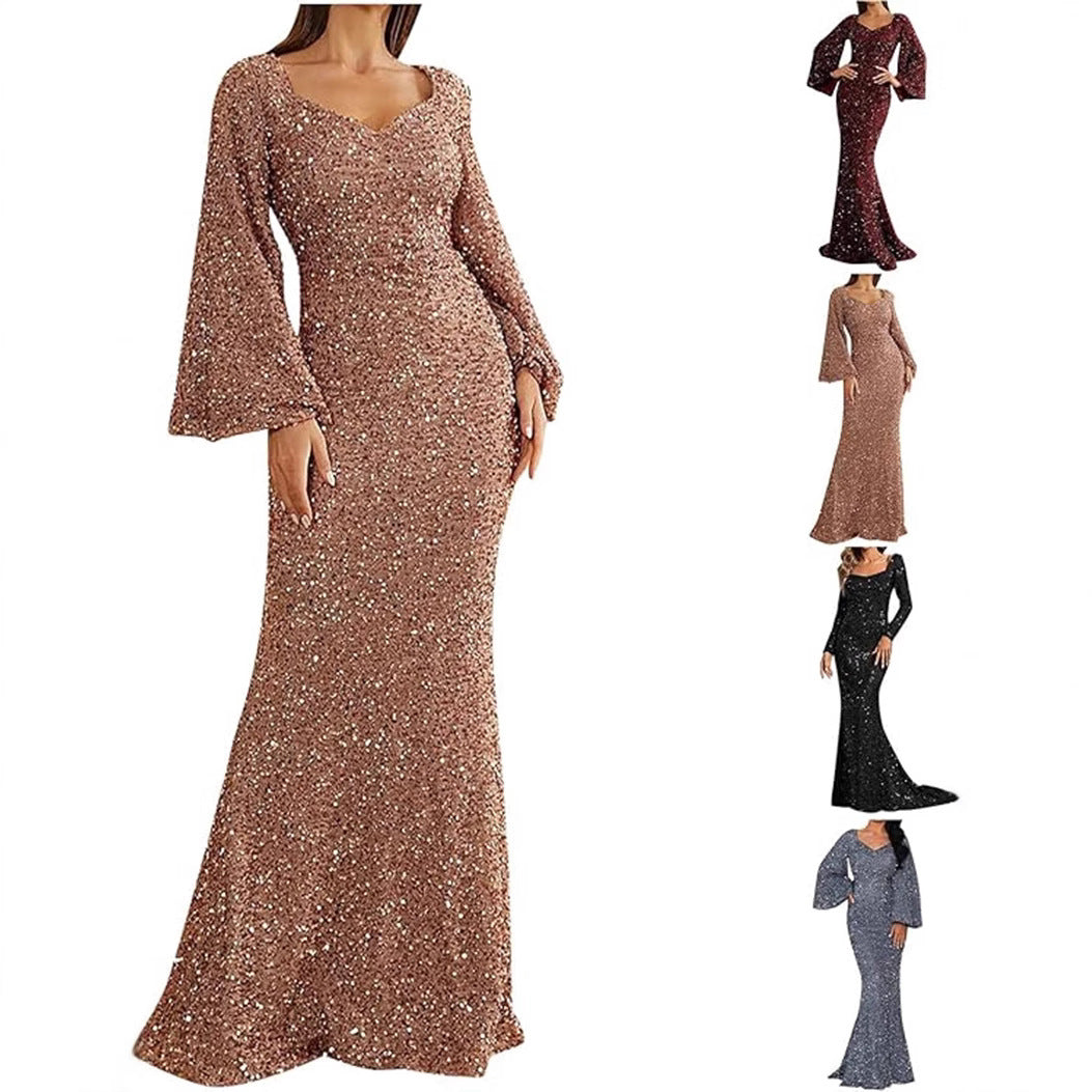 Elegant V-Neck Sequin Midi Dress With Flare Sleeves