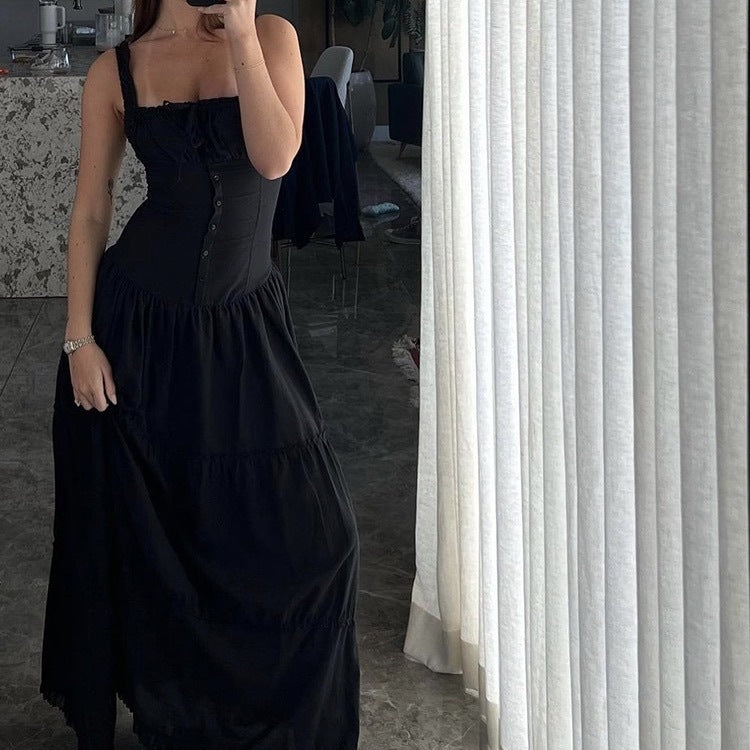 New Lazy Resort Style Pleated Front Cuff Design Extra-Long Dress Goddess Skirt Swing Skirt
