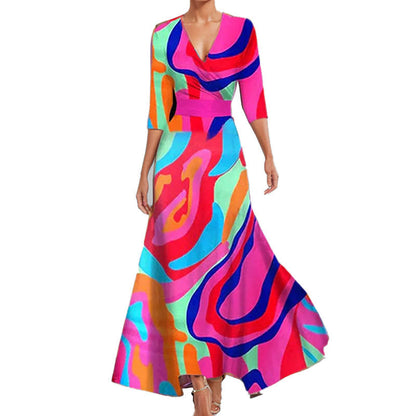 Elegant V-Neck Floral Print Midi Dress