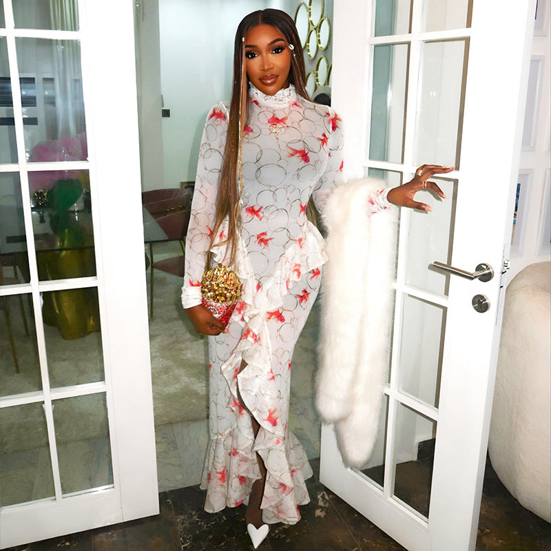 Floral Print Long Sleeve Bodycon Dress With Ruffle Hem