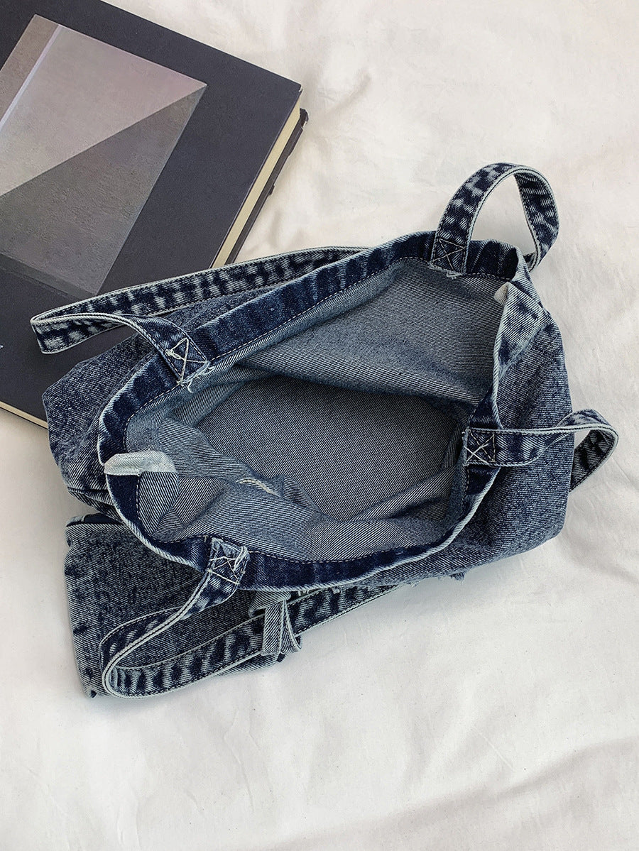 Trendy Denim Tote Bag Stylish Large Capacity Shoulder Bag