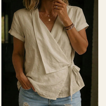 Wrap Tie Waist Linen Blend Short Sleeve V-Neck Blouse