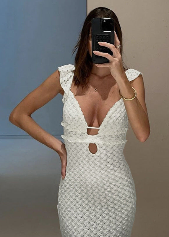 Crochet Lace Cutout Maxi Dress White Stretch Blend