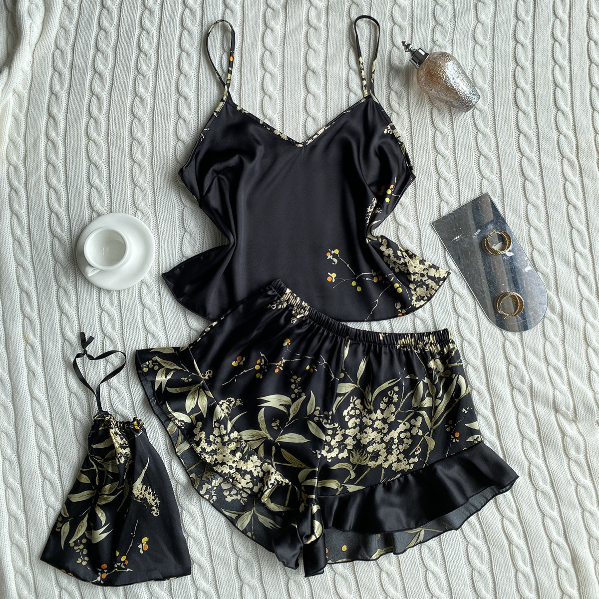 Cherry Blossom Pattern Faux Silk Pajama Set (2-Piece)