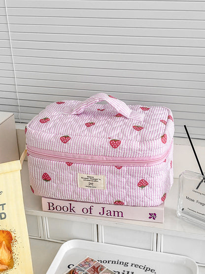 Strawberry Striped Pink Makeup Bag Quilted Large Capacity Portable Cosmetic Case