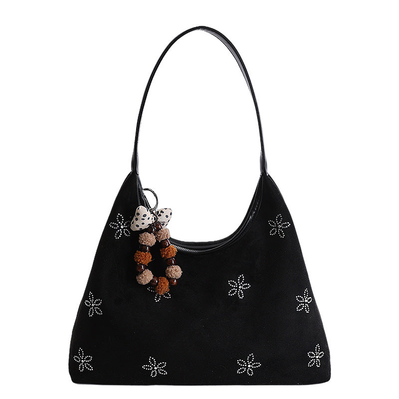 Floral Rhinestone Shoulder Bag Trendy Casual PU Handbag