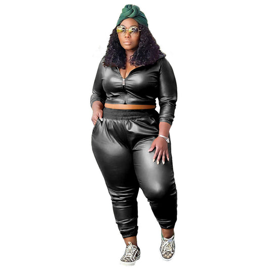 Plus Size Women'S Fashion Casual Two-Piece Pu Leather Set