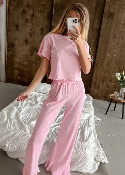 Polka Dot Cotton Lounge Set with Ruffle Hem