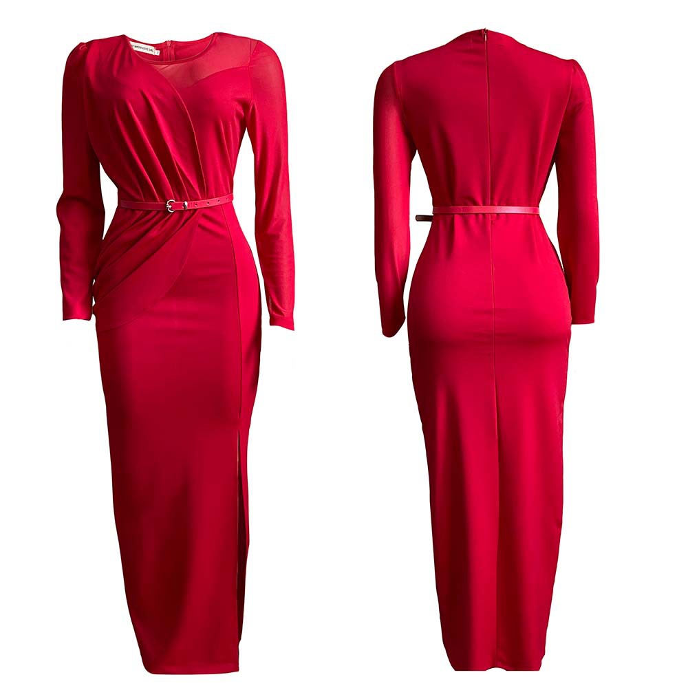 Elegant Red Mesh Panel Maxi Dress
