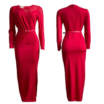 Elegant Red Mesh Panel Maxi Dress