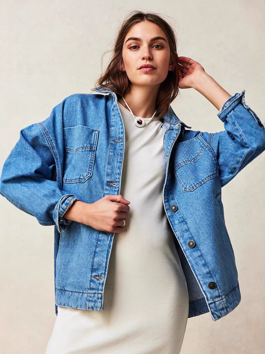 Casual Pocket Side-Slit Denim Jacket for Women