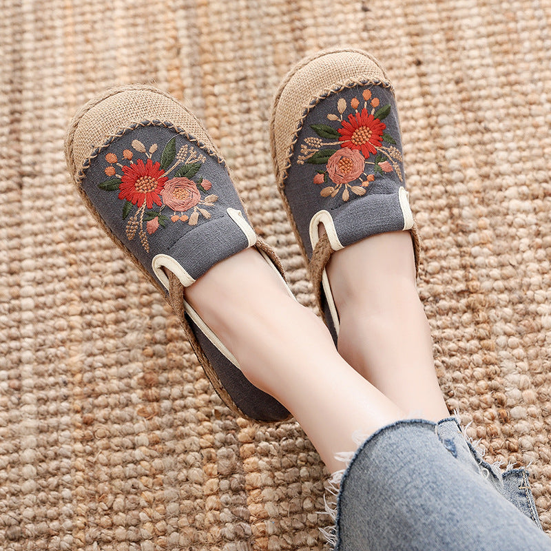 Embroidered Shoes Fisherman Shoes Cart Stitching Cotton And Linen Embroidery Shoes, Anti Slip And Breathable Round Toe Women'S Shoes