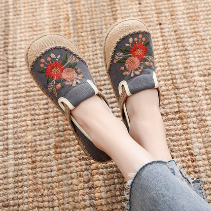 Embroidered Shoes Fisherman Shoes Cart Stitching Cotton And Linen Embroidery Shoes, Anti Slip And Breathable Round Toe Women'S Shoes