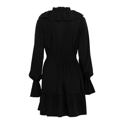 V-Neck Flounce Solid Color Mini Dress