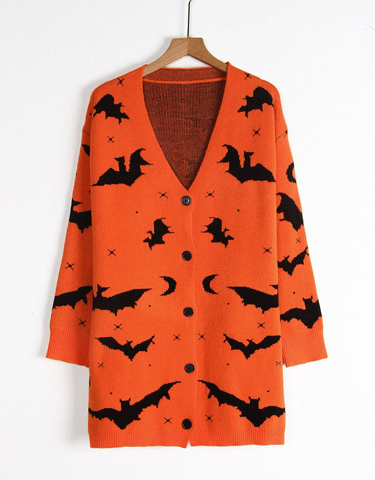 Halloween Bat Jacquard Long Knit Cardigan