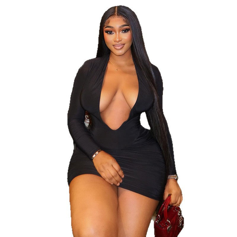 Elegant Deep V-Neck Bodycon Dress Casual Long Sleeve Party Dress