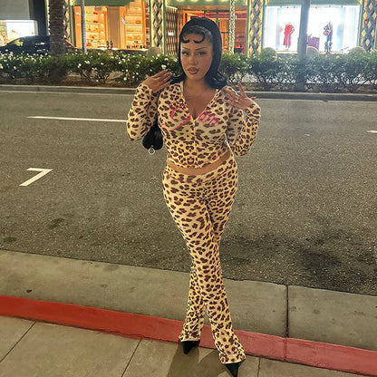 Leopard Print Hooded Cardigan Set With High-Waisted Pants