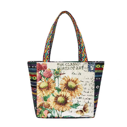 Tote Bag Women'S Bag Going Out Canvas Bag Double-Sided Casual Embroidery Large-Capacity Handbag Ethnic Style Small Square Bag