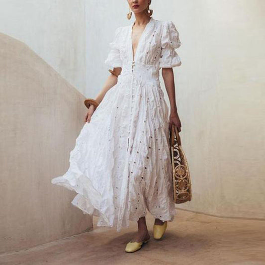 Summer New Women'S Wish Deep V Puff Sleeve Lace Dress