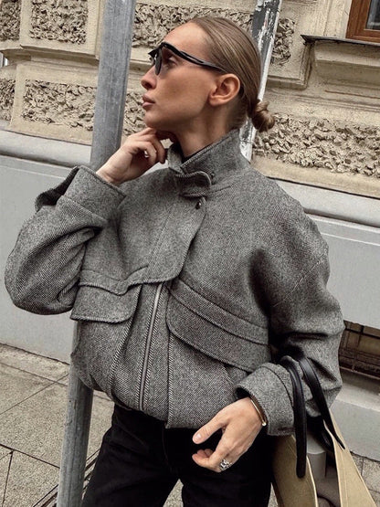 Trendy Houndstooth Zip-Up Jacket