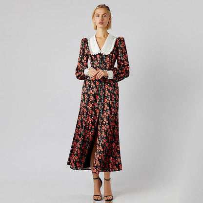 Elegant Floral Long Sleeve Dress with Peter Pan Collar