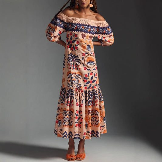 Retro Floral Off-Shoulder Pocket Maxi Dress for Women