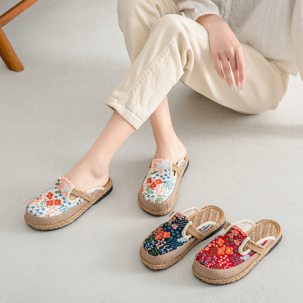 Spring And Summer New Cotton And Linen Slippers Women'S Ethnic Style Hand-Sewn Craft Bag Head Flat-Bottomed Slippers