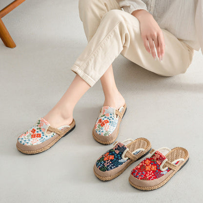 Spring And Summer New Cotton And Linen Slippers Women'S Ethnic Style Hand-Sewn Craft Bag Head Flat-Bottomed Slippers