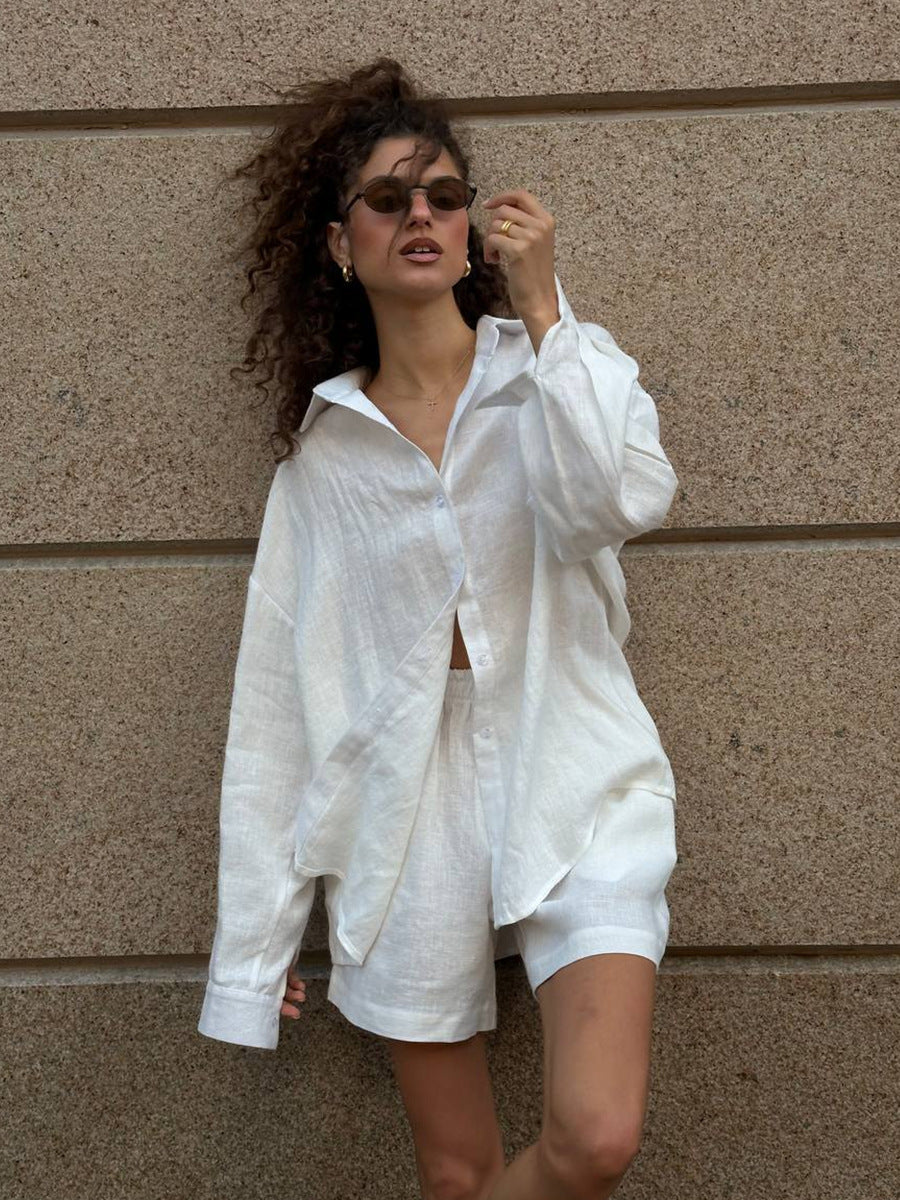 Cotton Long Sleeve Cardigan And Shorts Set Casual Chic